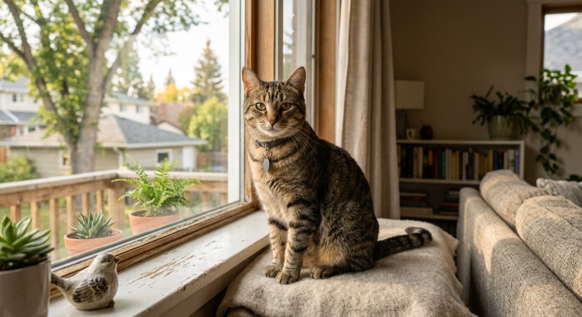 Adoptable rescue cat sitting on a windowsill in a Calgary home, warm afternoon light, captures the gentle calm of newly-adopted Calgary cats