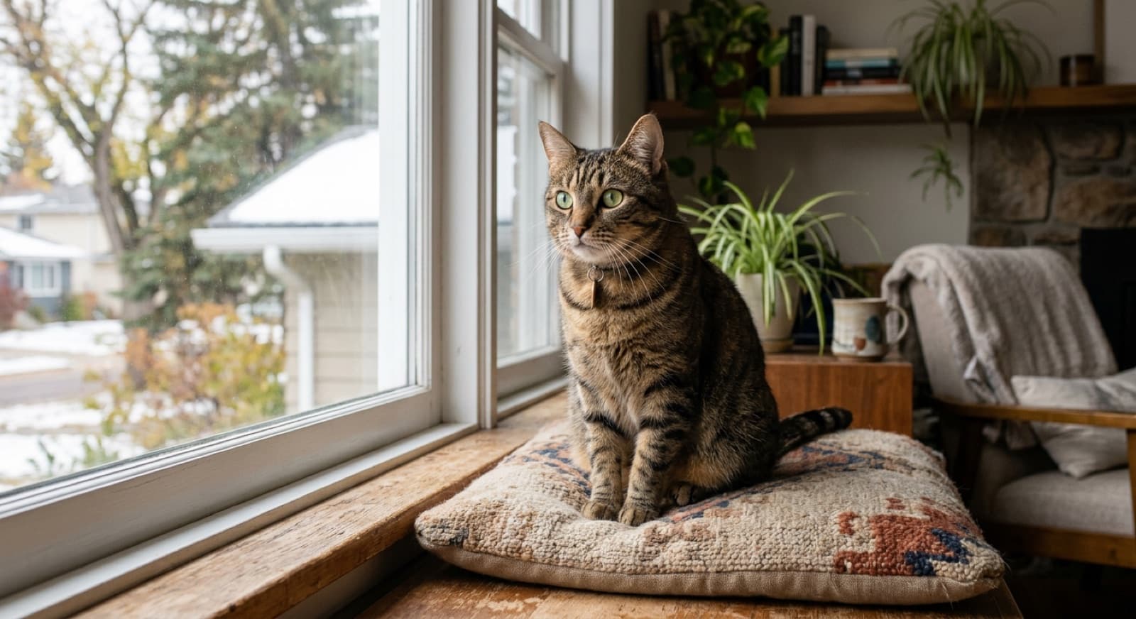 An adult tabby cat with green eyes sitting on a cushion in a warm Edmonton home interior, calm and curious expression