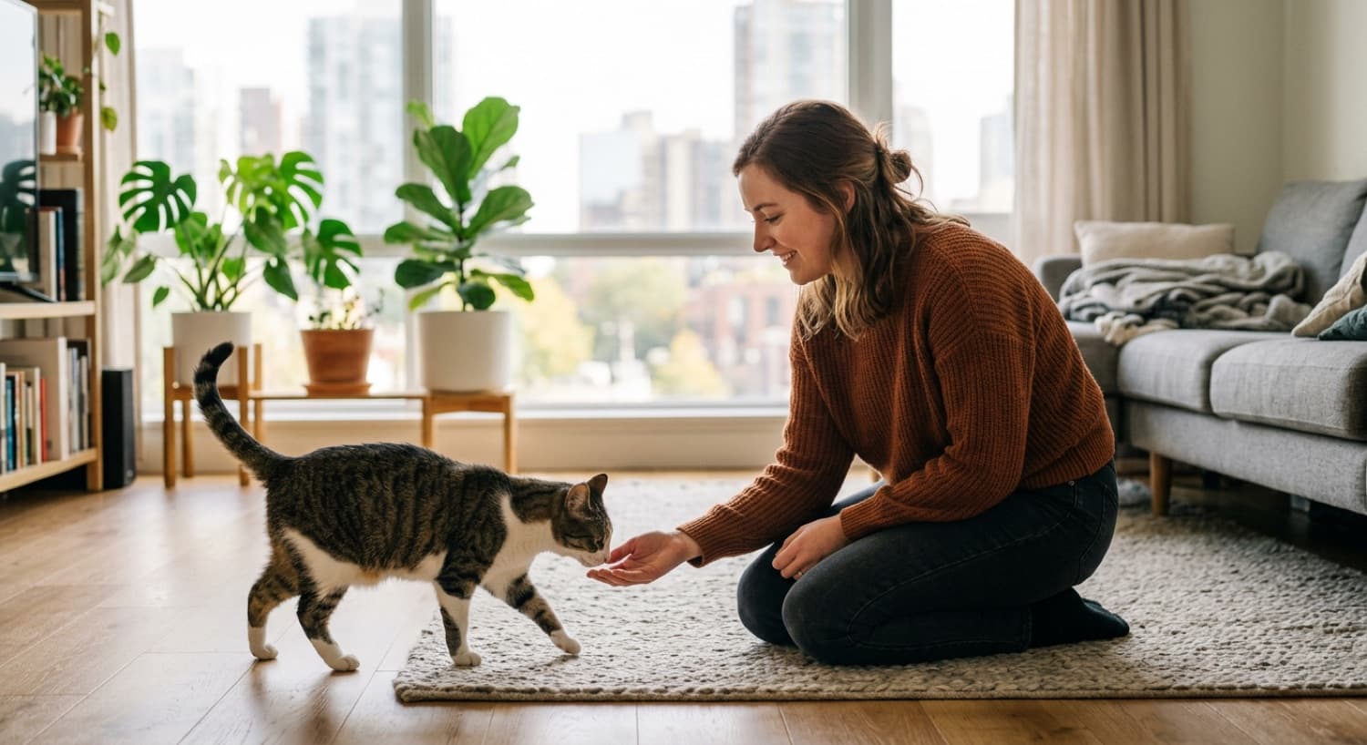 A new adopter gently greeting a rescue cat in a Toronto home