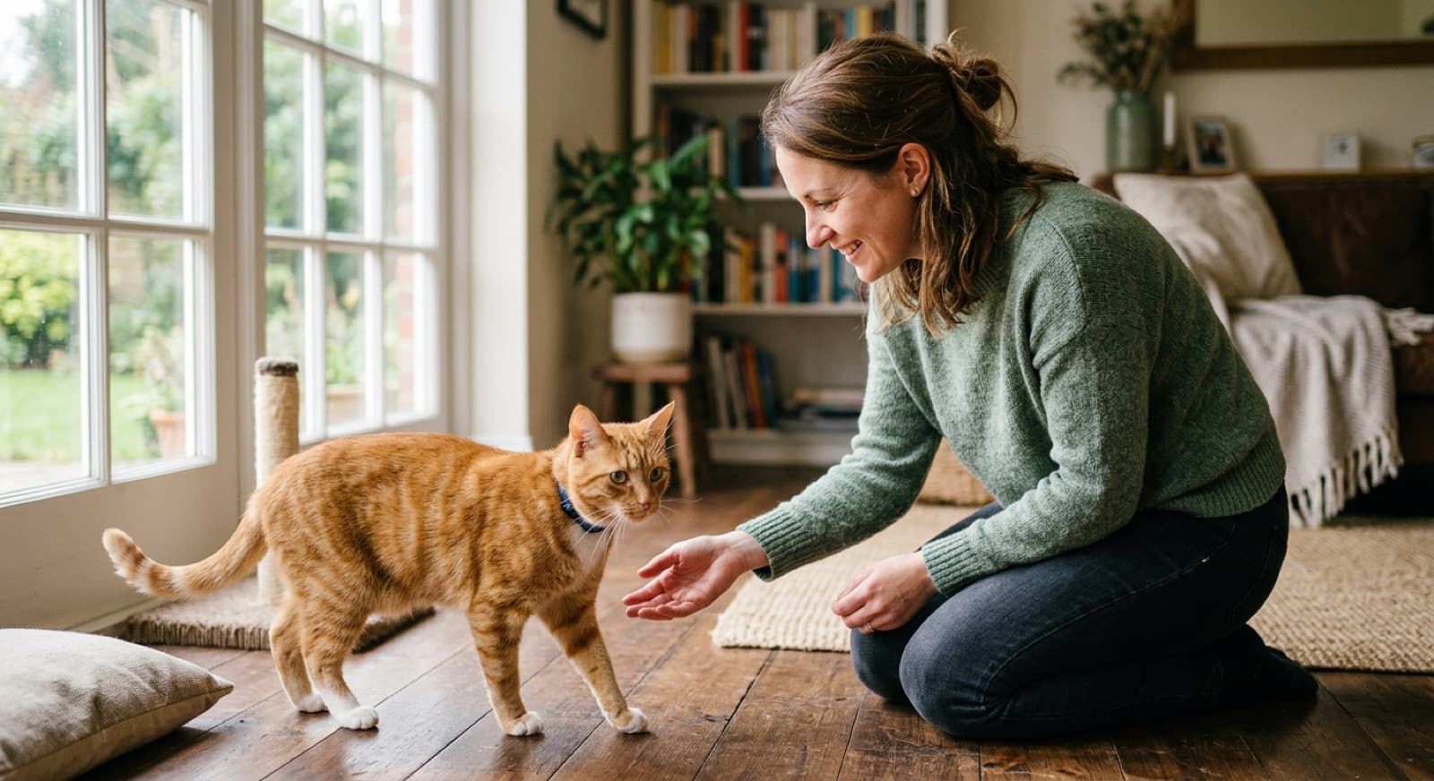 A new adopter gently greeting a rescue cat in a Vancouver foster home