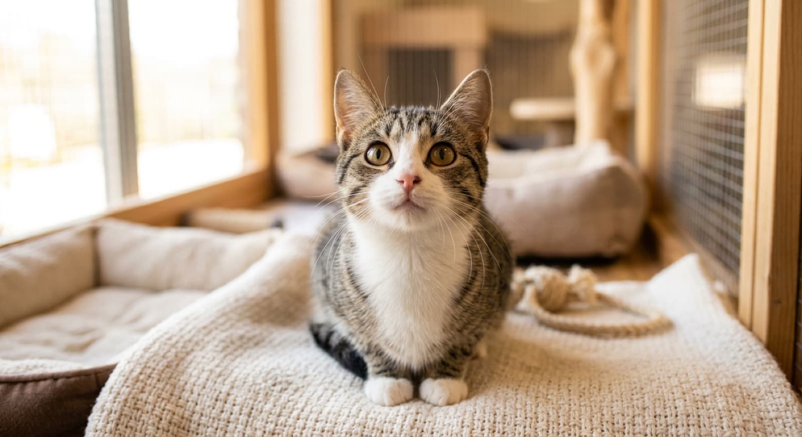 An adoptable cat waiting for a home in a bright Vancouver space