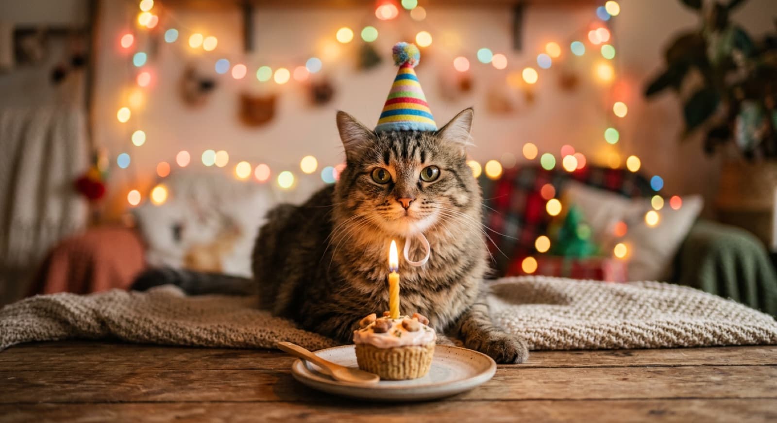 A cat in a party hat behind a birthday cake