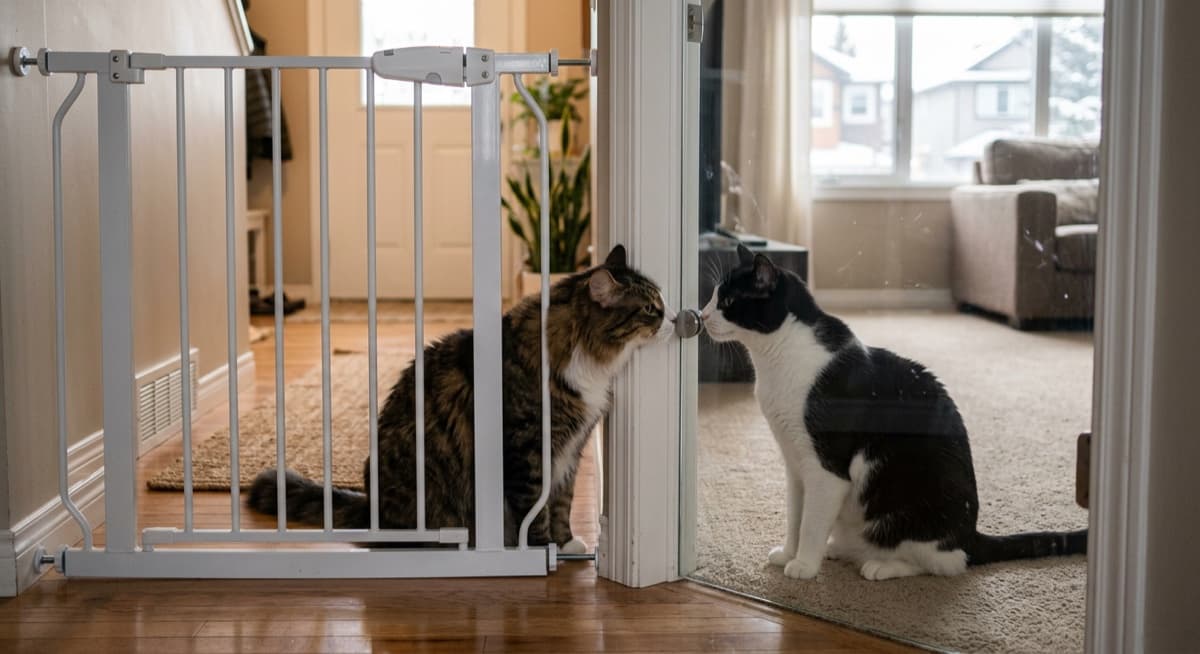 Two Calgary cats meeting calmly through a glass door with a baby gate barrier between them, captures the slow multi-week cat introduction protocol