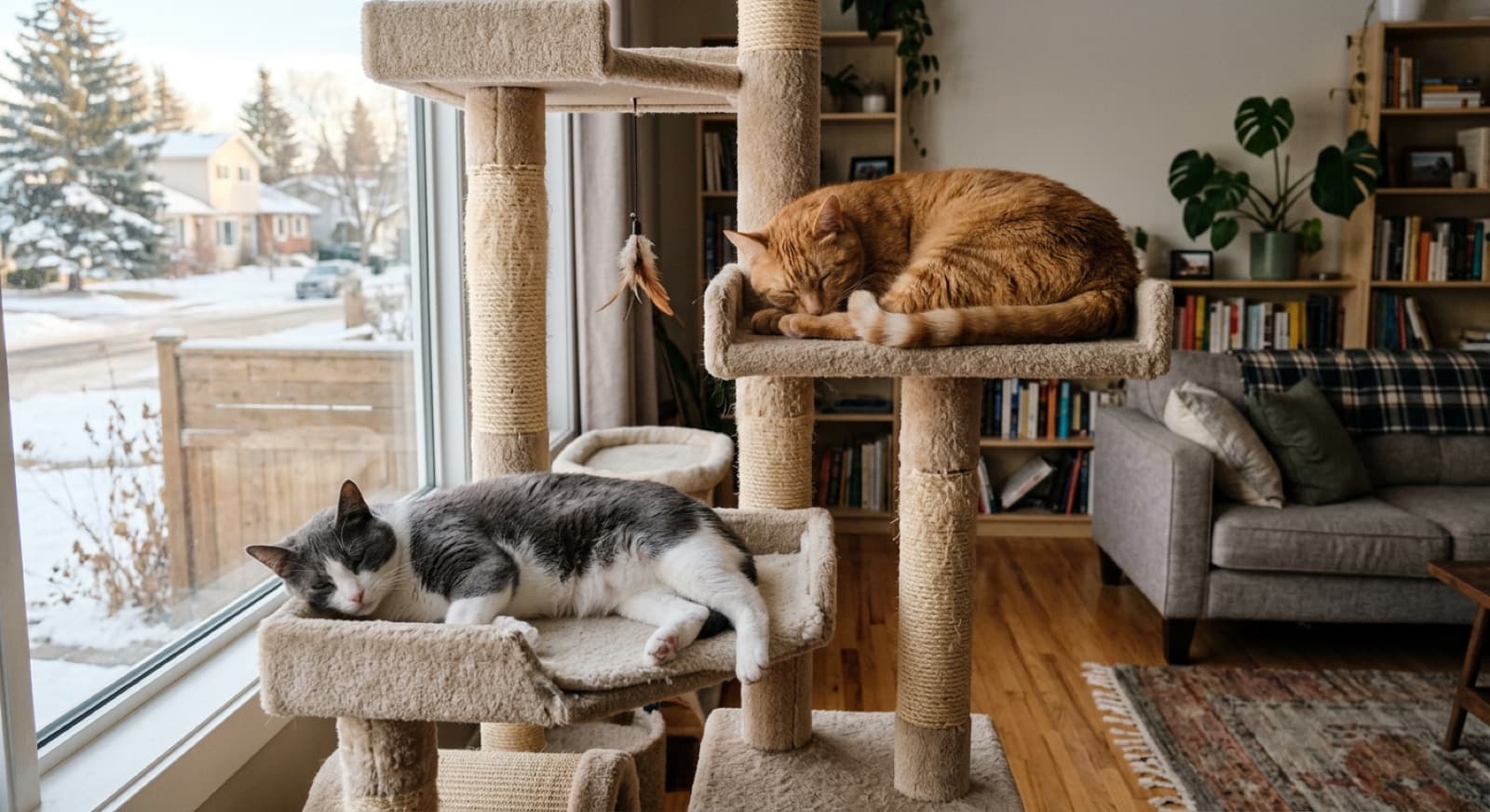 Two adult cats peacefully sharing space on different levels of a cat tree in an Edmonton home interior, suggesting successful multi-cat coexistence