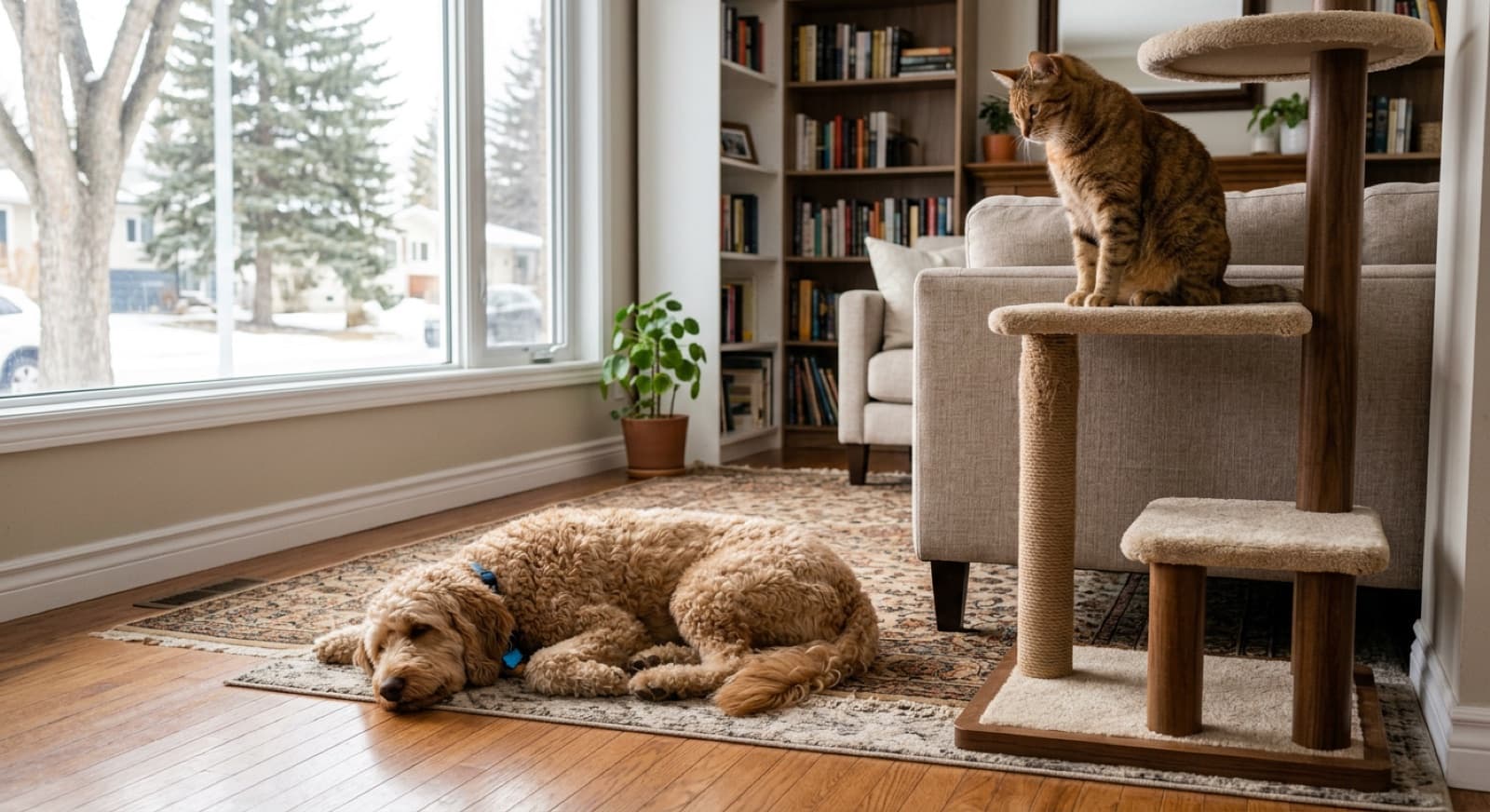 A calm adult dog lying on the floor with a cat sitting on a cat tree above in an Edmonton home interior, peaceful multi-pet coexistence