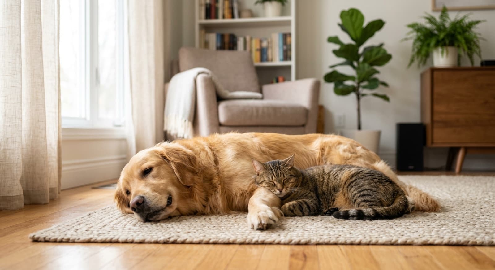 A relaxed dog and cat resting together in a bright Vancouver home