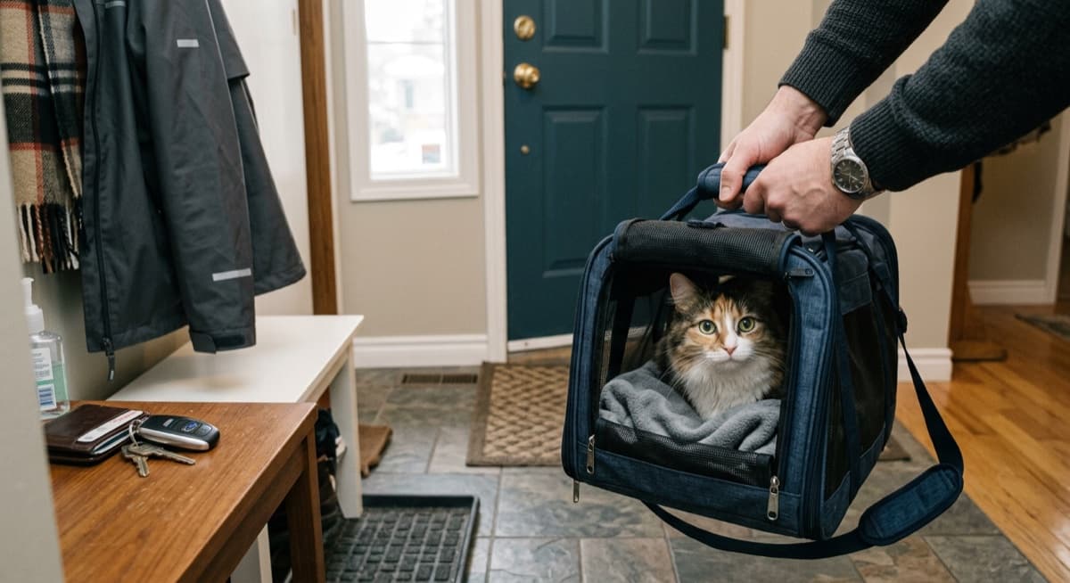 A calm Calgary cat in a soft-sided carrier ready for an emergency vet visit, owner cropped at hands holding the carrier, captures the urgency-but-controlled mood