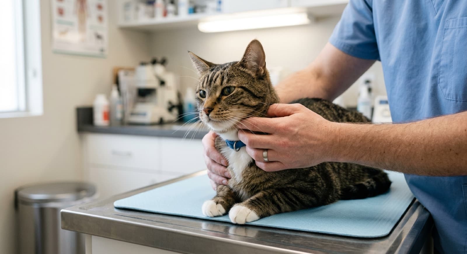 An adult tabby cat being gently held by a veterinarian in an Edmonton emergency veterinary clinic setting, calm care environment