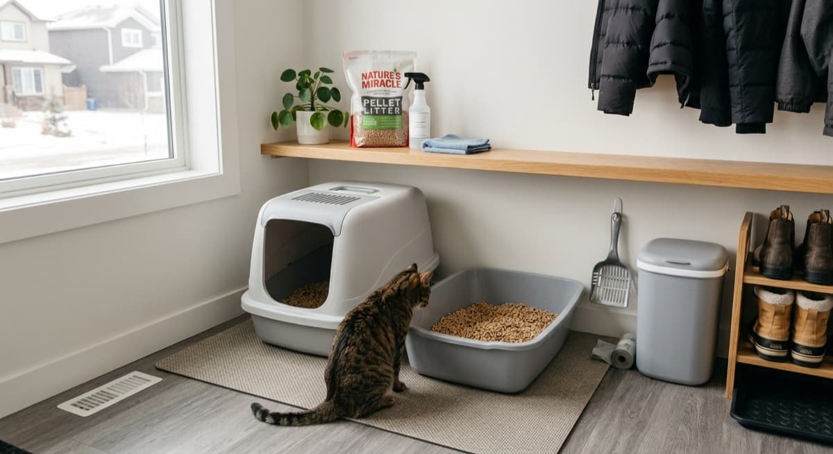 A clean Calgary litter box setup with covered and uncovered options, multiple boxes for a multi-cat home, captures the litter-box-resource principle