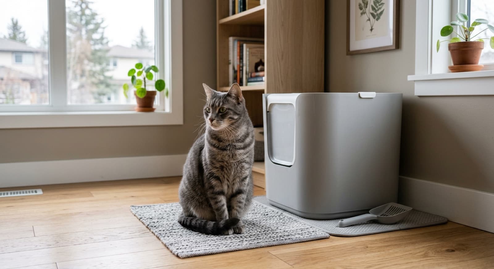 A grey tabby cat sitting near a clean litter box in an Edmonton home interior, calm expression suggesting healthy litter behaviour