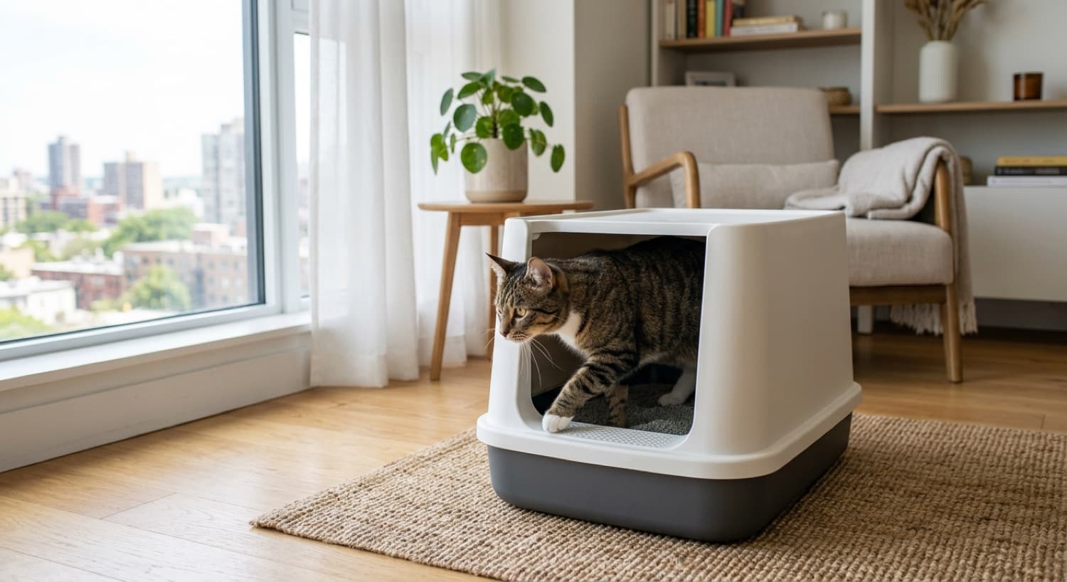 A cat stepping into a clean litter box in a bright Toronto home