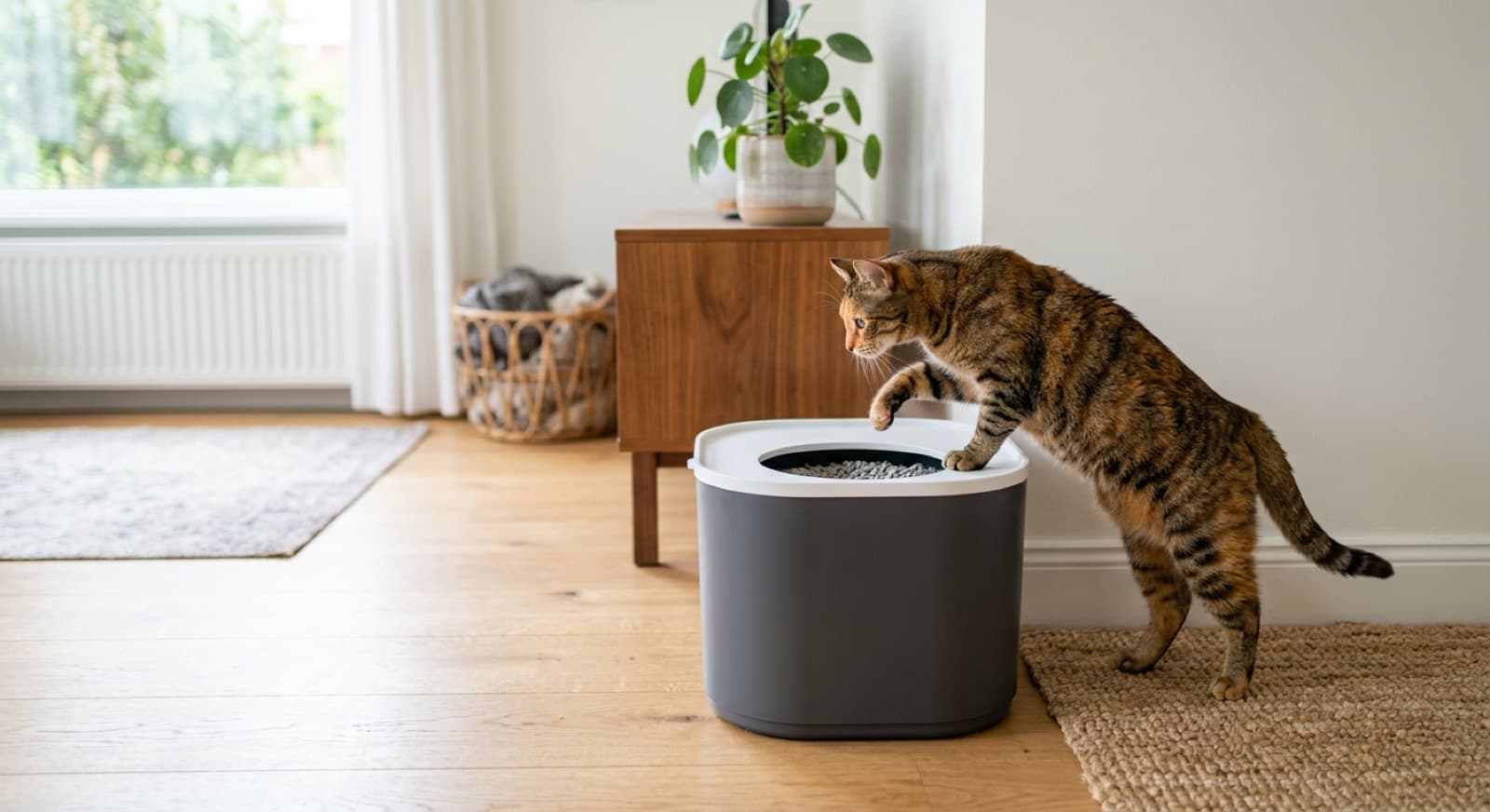A cat stepping into a clean litter box in a bright Vancouver home