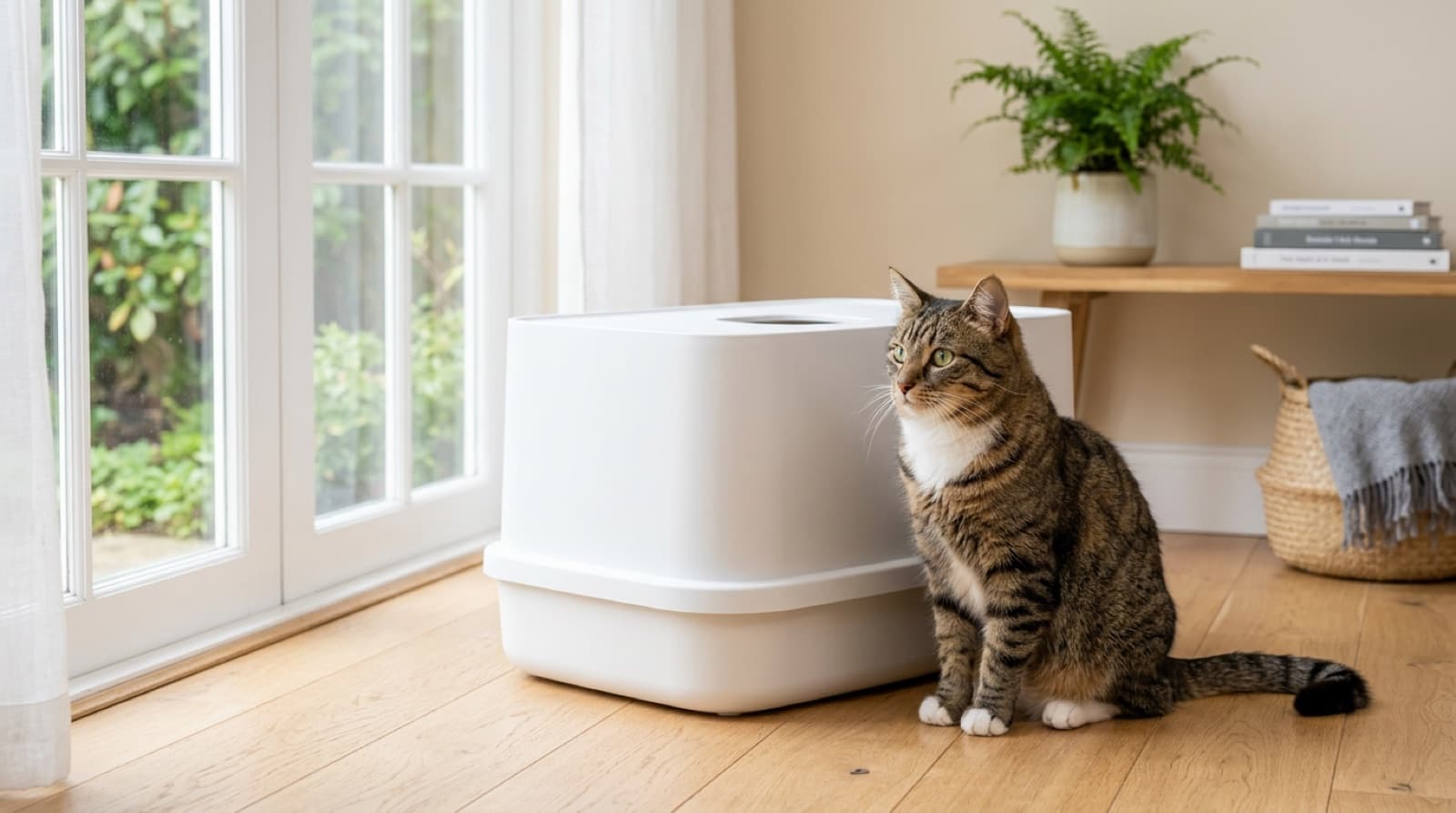 A healthy tabby cat sitting beside a clean covered litter box in a bright home