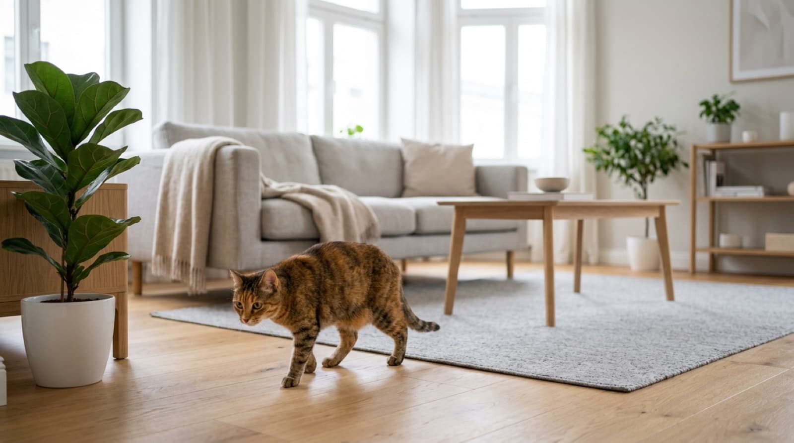 A curious cat exploring a bright, tidy, cat-proofed living room with secured cords and no hazards in reach