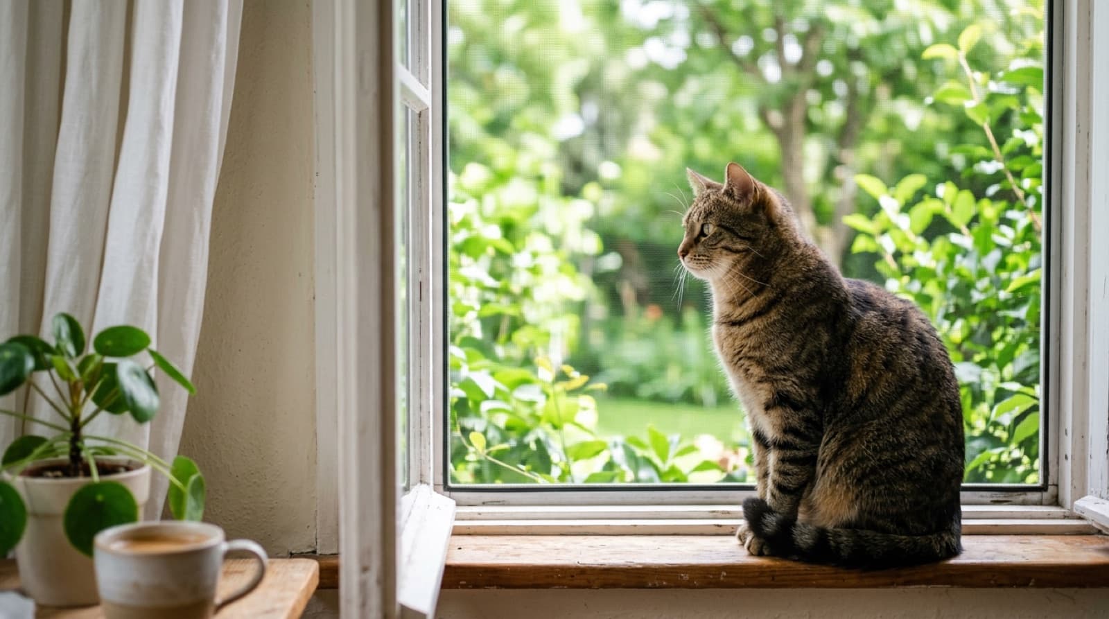 A cat sitting safely behind a secure, sturdy window screen looking outside