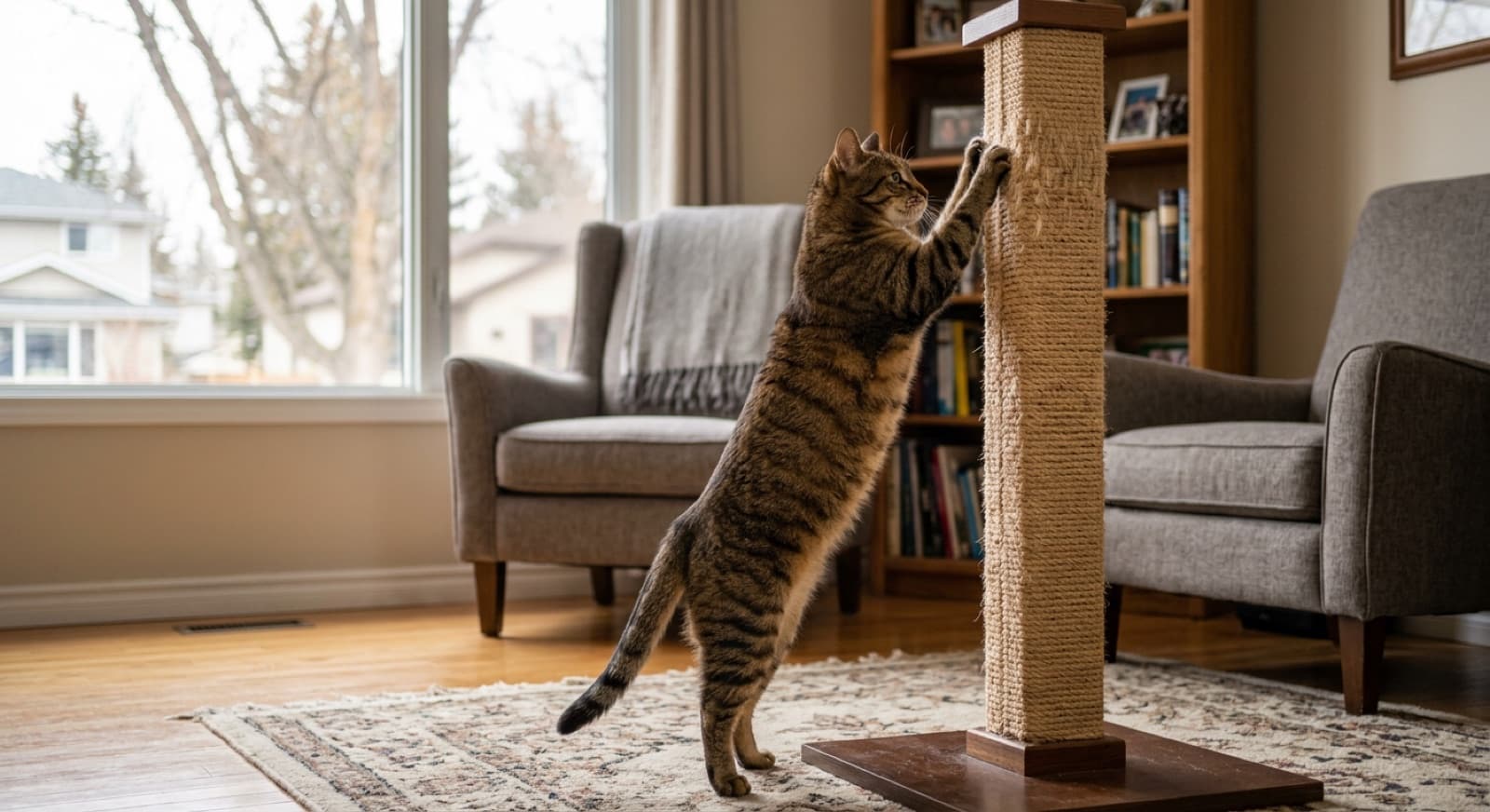 An adult tabby cat using a tall sisal scratching post in an Edmonton home interior, full-body stretch posture