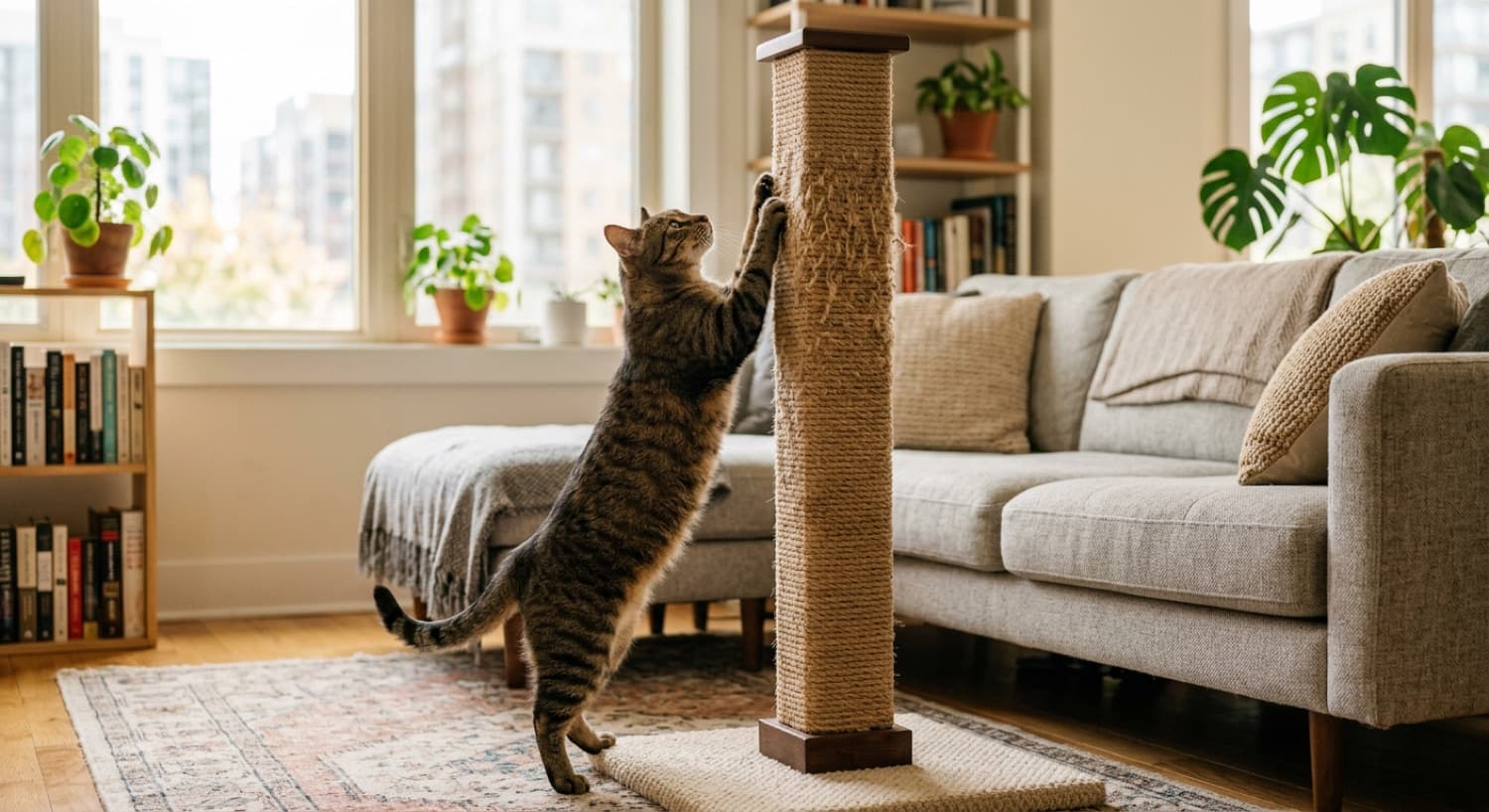 A cat using a tall sisal scratching post in a bright Toronto living room
