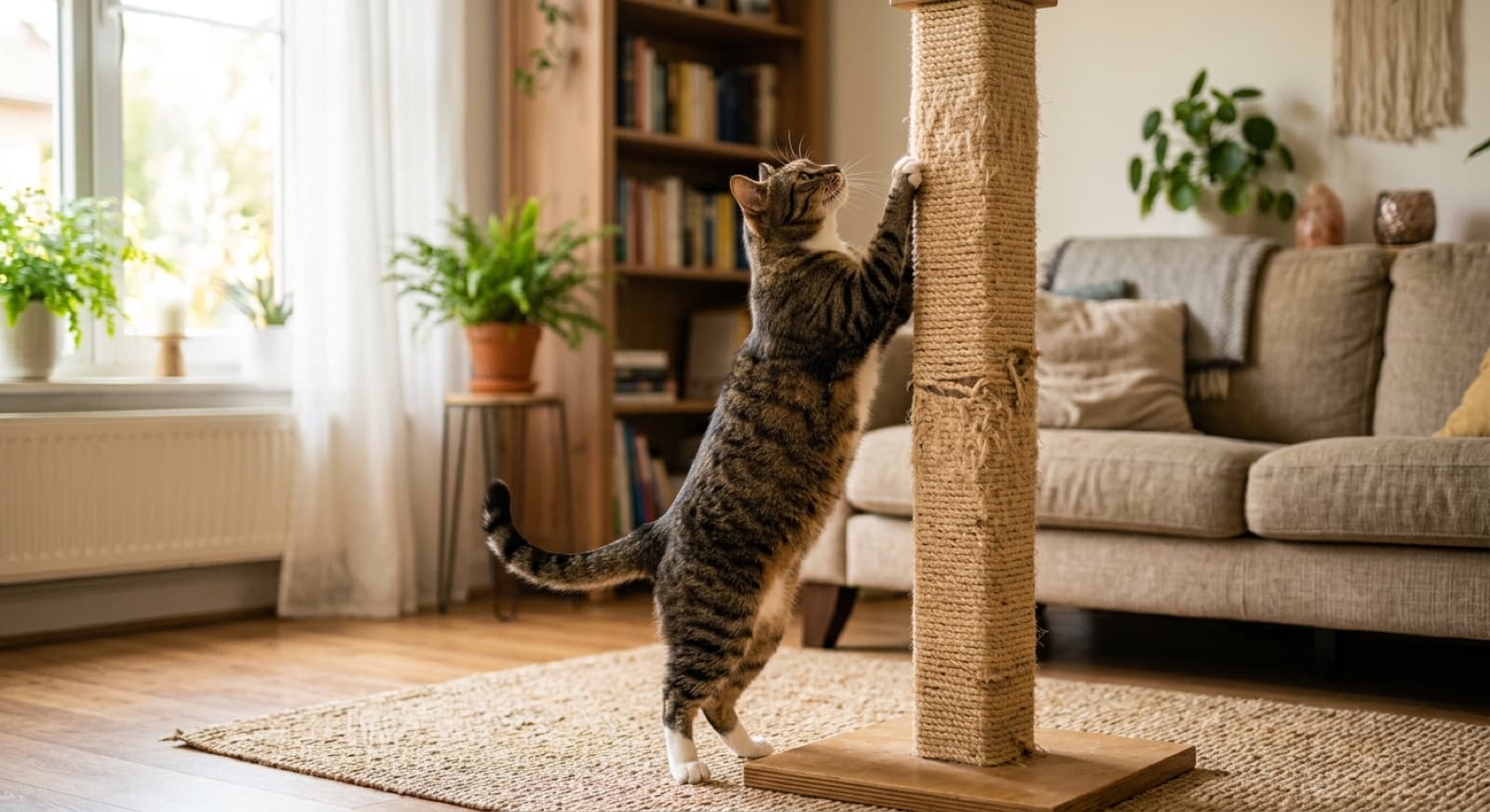 A cat using a tall sisal scratching post in a bright Vancouver living room