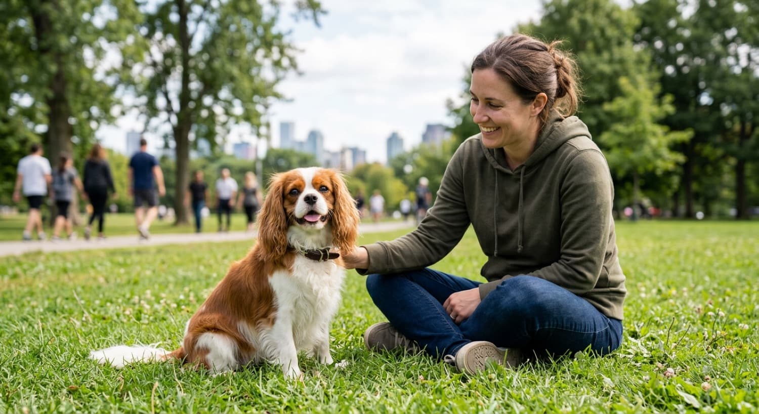 An adoptable Cavalier King Charles Spaniel sitting with its owner in a Toronto park