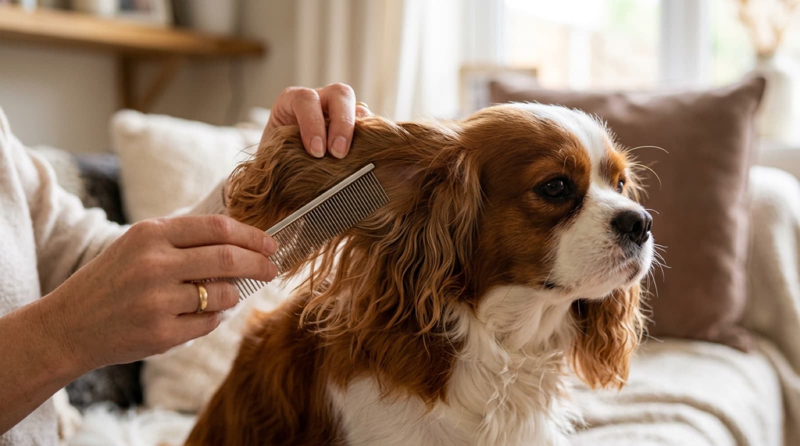 Close-up of a Cavalier's long ear feathering being combed on the underside