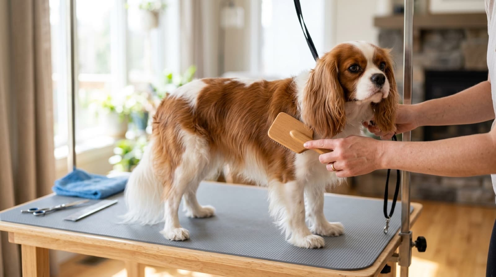 A Blenheim Cavalier King Charles Spaniel being brushed on a grooming table in a bright home