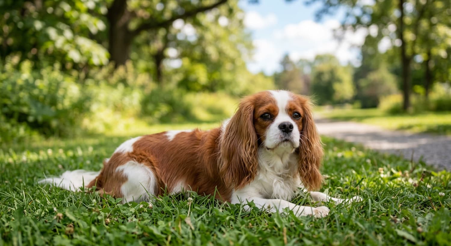 A Cavalier King Charles Spaniel resting on the grass in a Toronto park