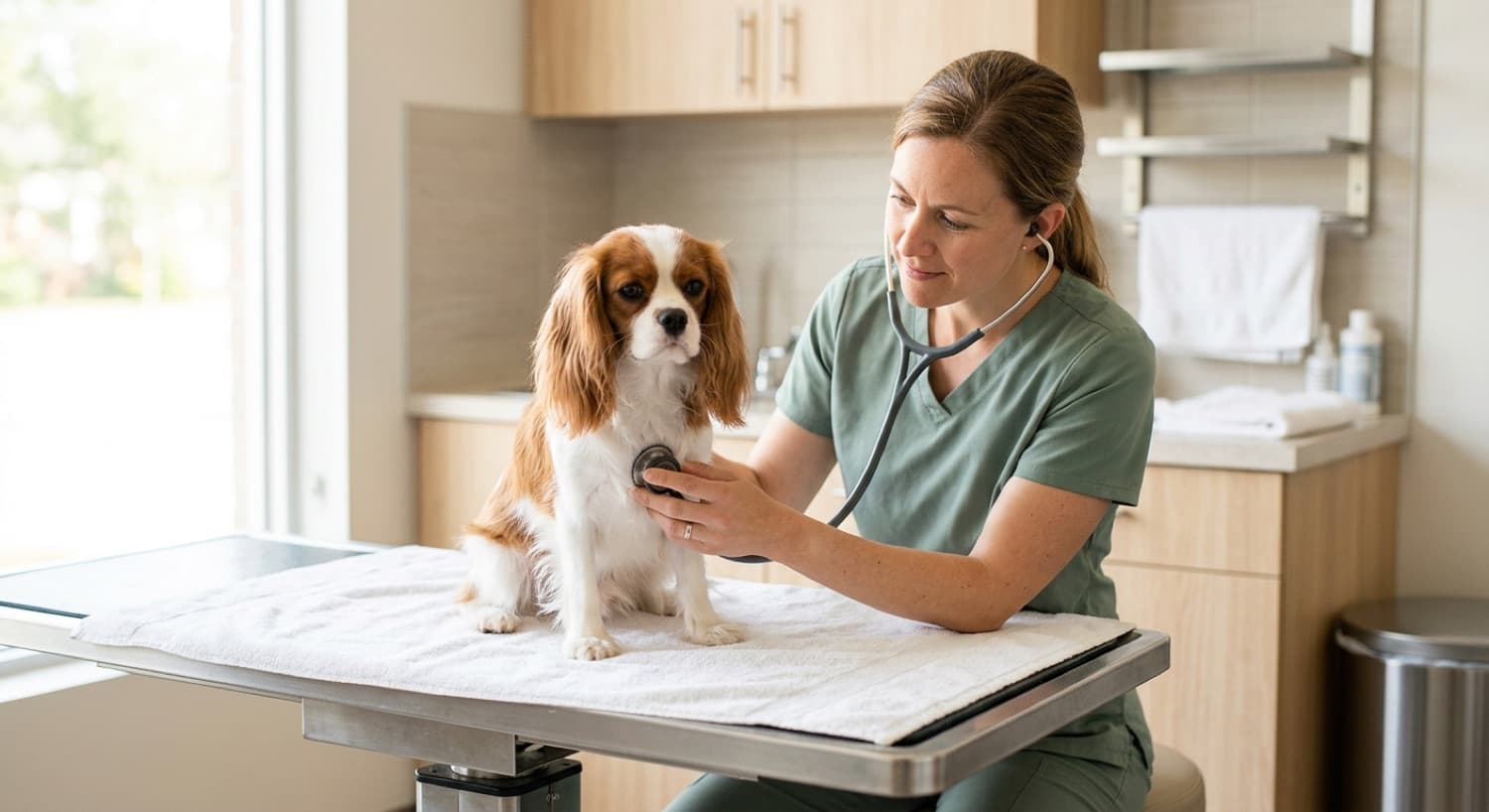 A veterinarian listening to a Cavalier King Charles Spaniel heart with a stethoscope at a clinic
