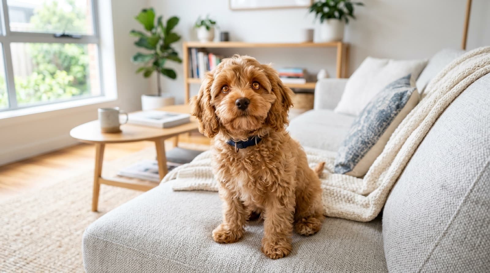 A small apricot Cavapoo with a soft wavy coat sitting on a couch in a bright Calgary living room, looking up at the camera