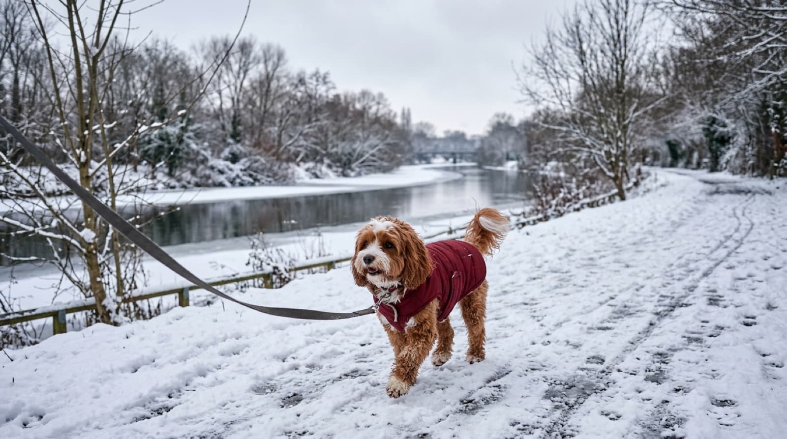 A ruby-coloured Cavapoo on a leash walking a snowy Calgary pathway in winter wearing a small coat, riverside trees in the background