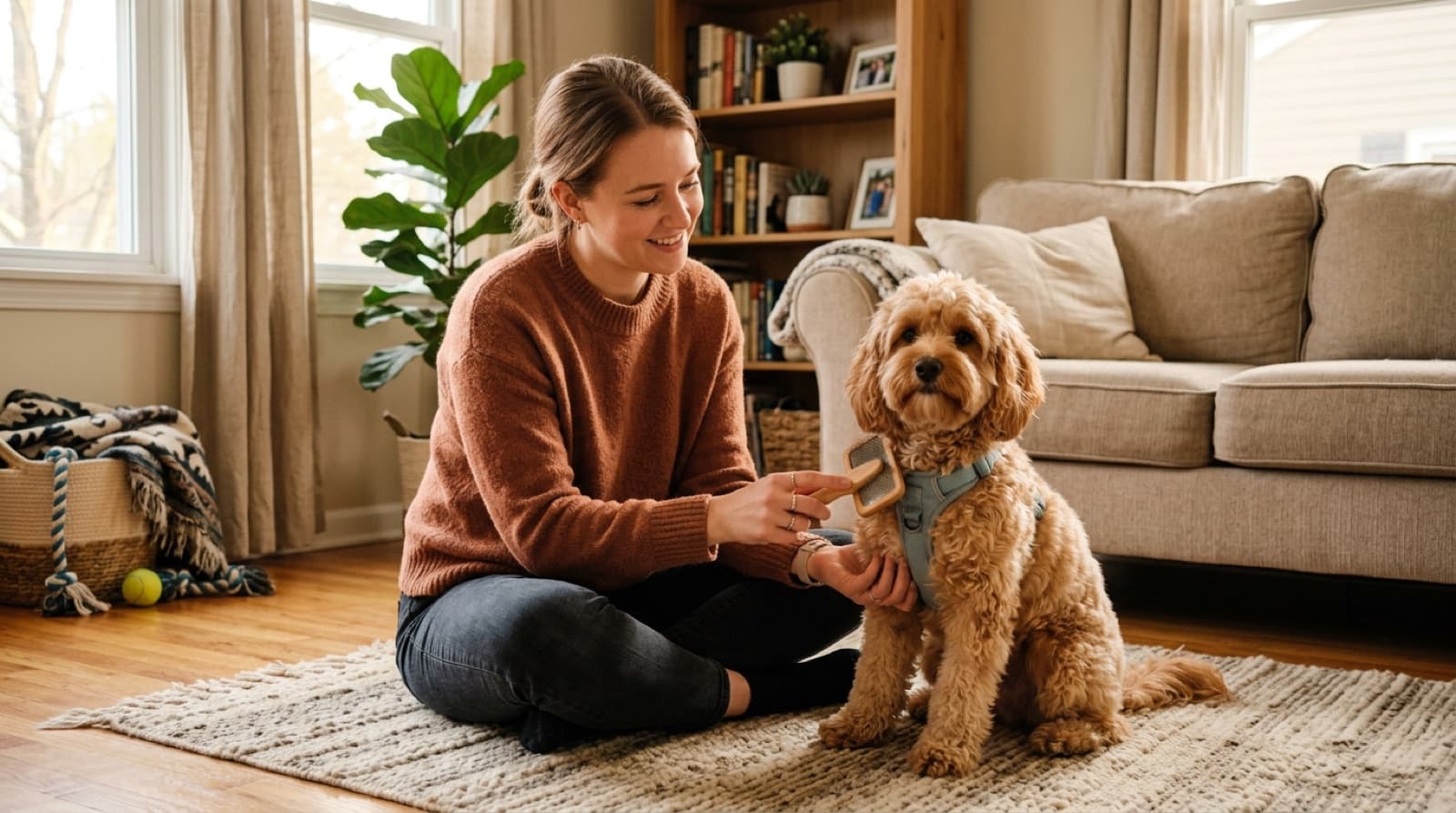 An owner brushing a wavy-coated Cavapoo with a slicker brush at home, sitting on a living room floor