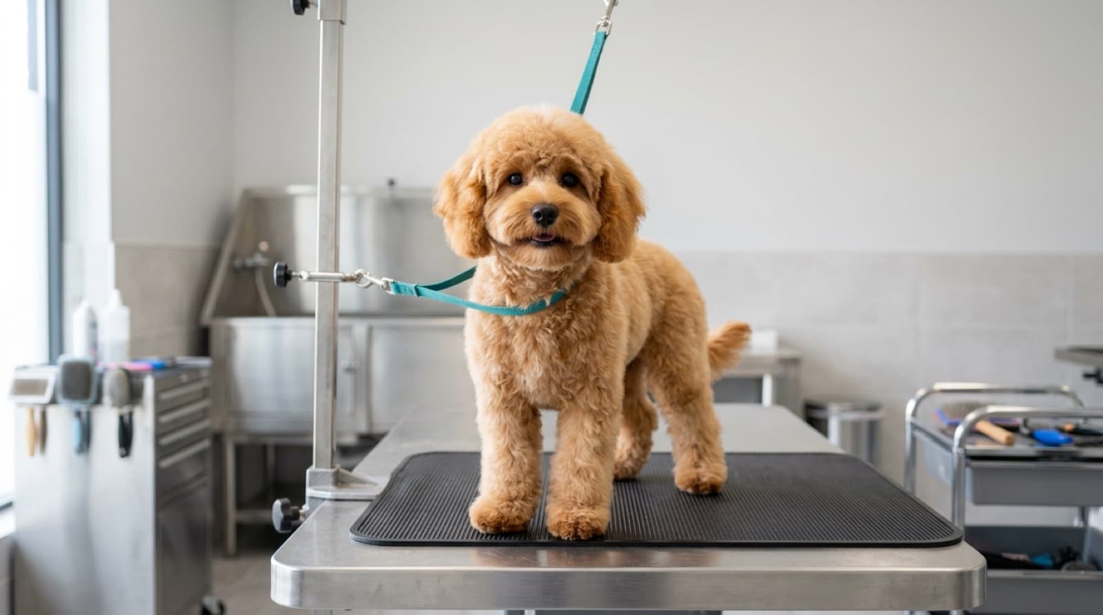 A freshly groomed apricot Cavapoo with a fluffy rounded puppy-cut coat standing on a grooming table in a Calgary salon