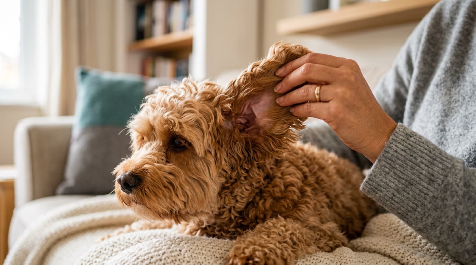 Close-up of an owner gently checking and cleaning the floppy ear of a wavy-coated Cavapoo at home