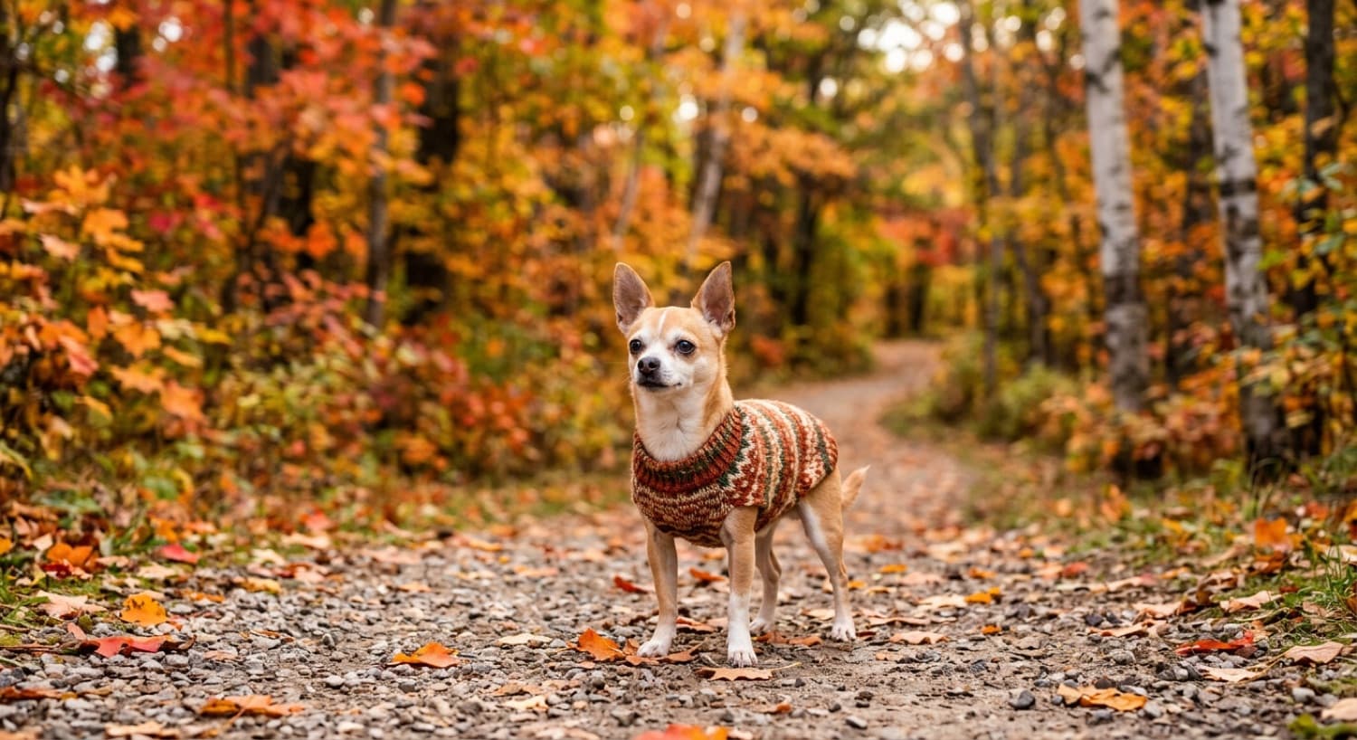 A small chihuahua in a warm sweater on a leash at a Toronto adoption event