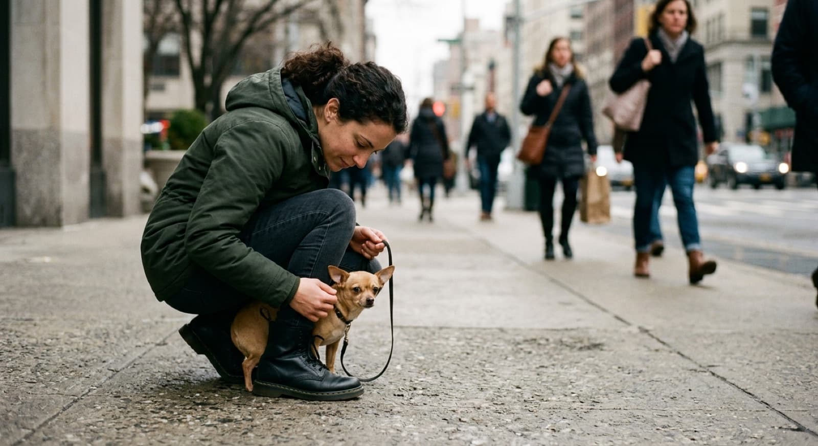 A small tan chihuahua pressed close to its owner's legs on a busy city pavement while the owner crouches to reassure it, pedestrians blurred behind