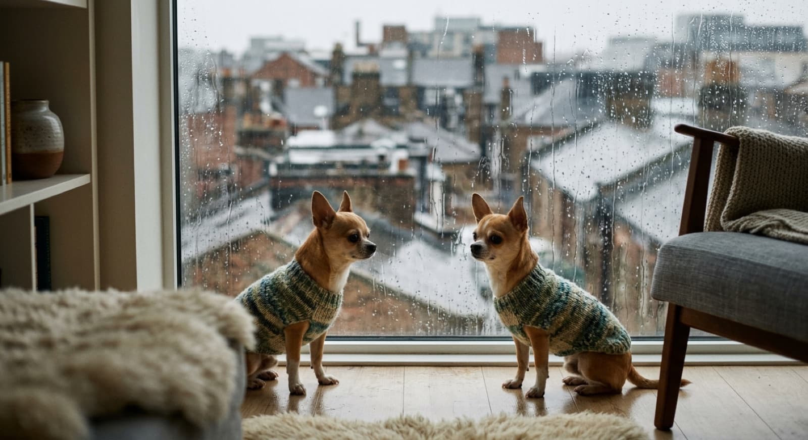 Two small tan chihuahuas in knitted sweaters sitting at a rain-streaked apartment window, wet city rooftops visible through the glass