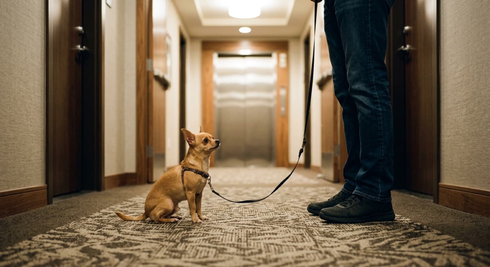 A small tan chihuahua in a harness sitting on the carpeted corridor of a high-rise residential building, waiting beside its owner with the lift doors ahead