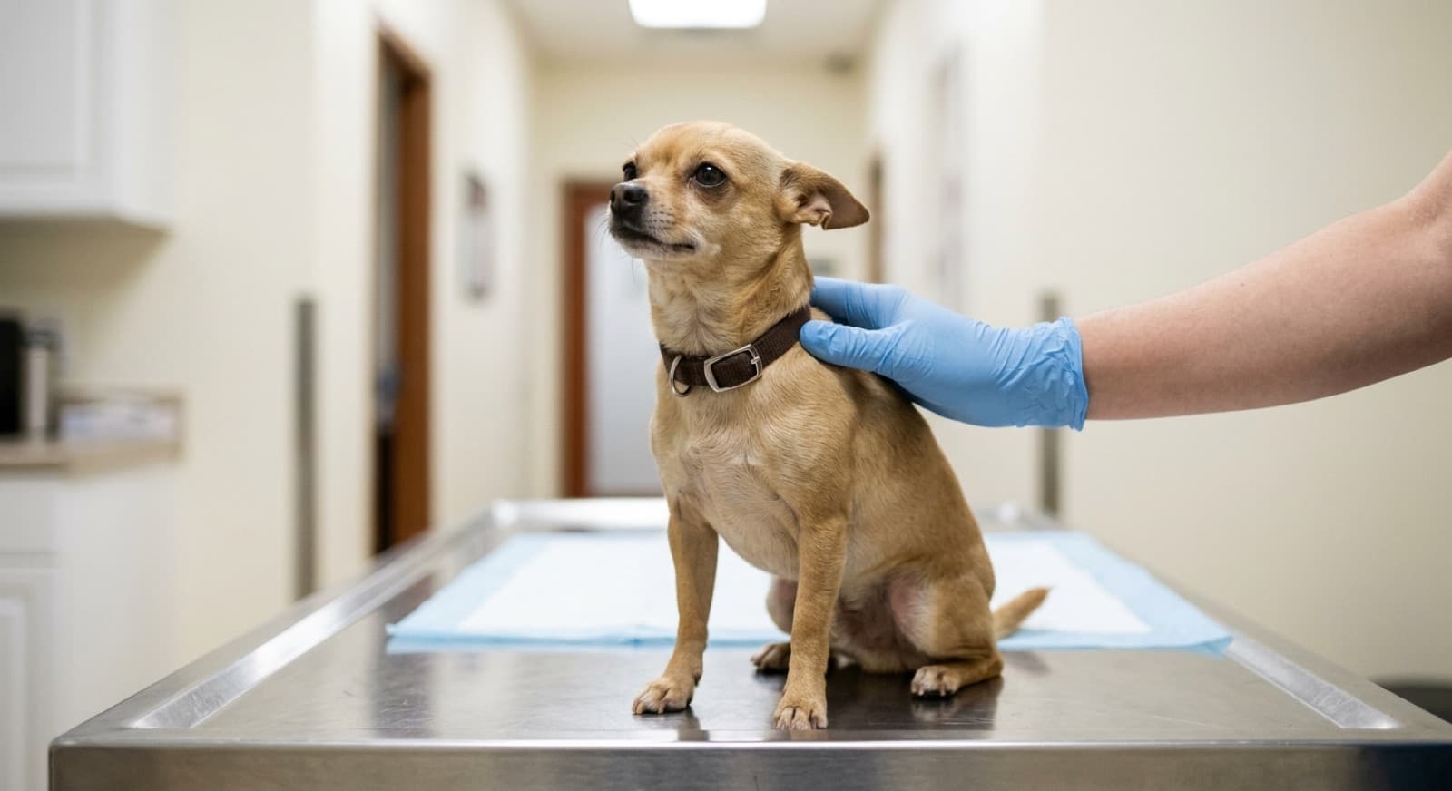 A small tan chihuahua sitting calmly on a stainless steel examination table in a veterinary clinic while a gloved hand rests on its shoulder