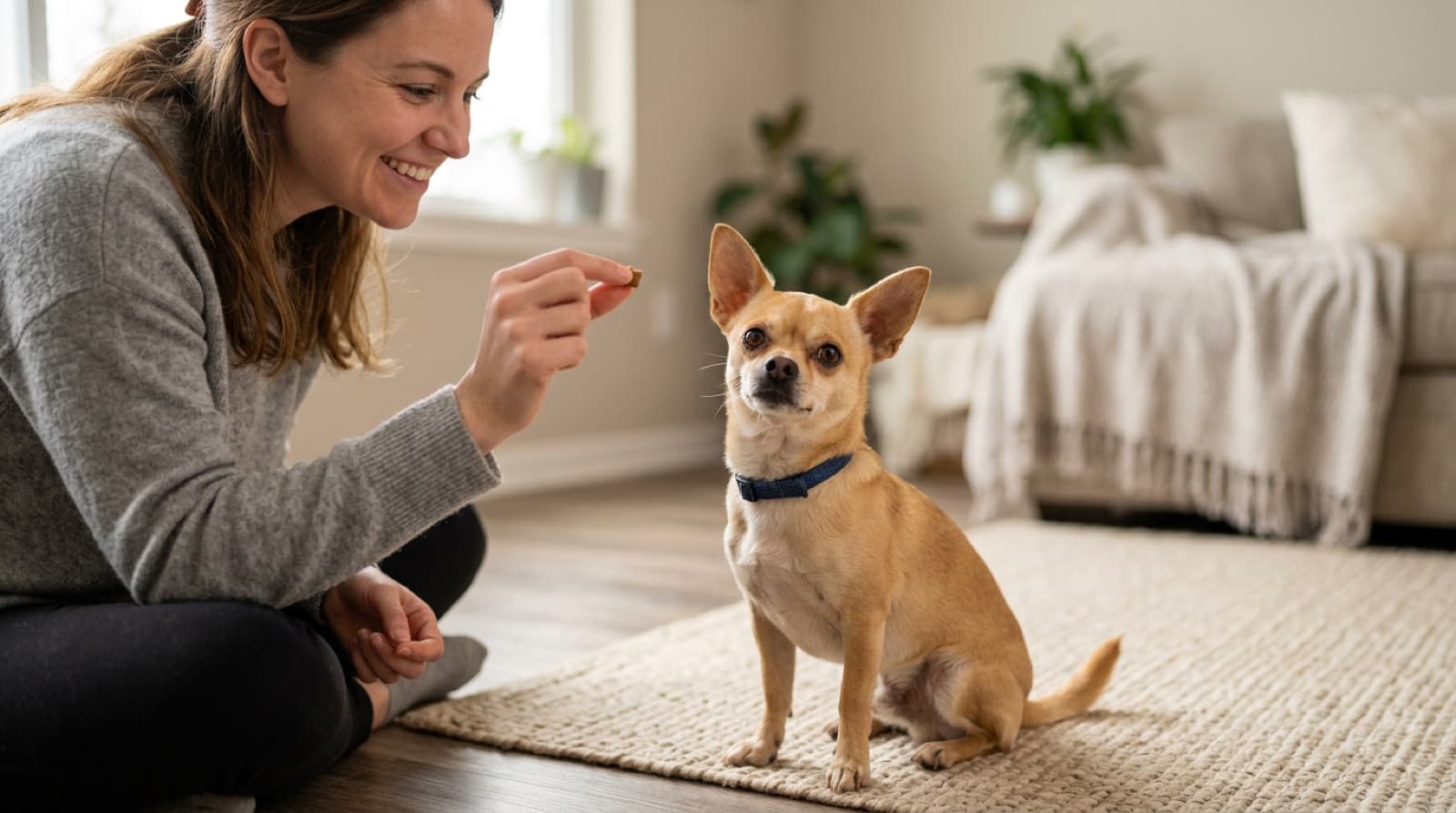 A confident Chihuahua doing a training exercise with a person in a Saskatoon home
