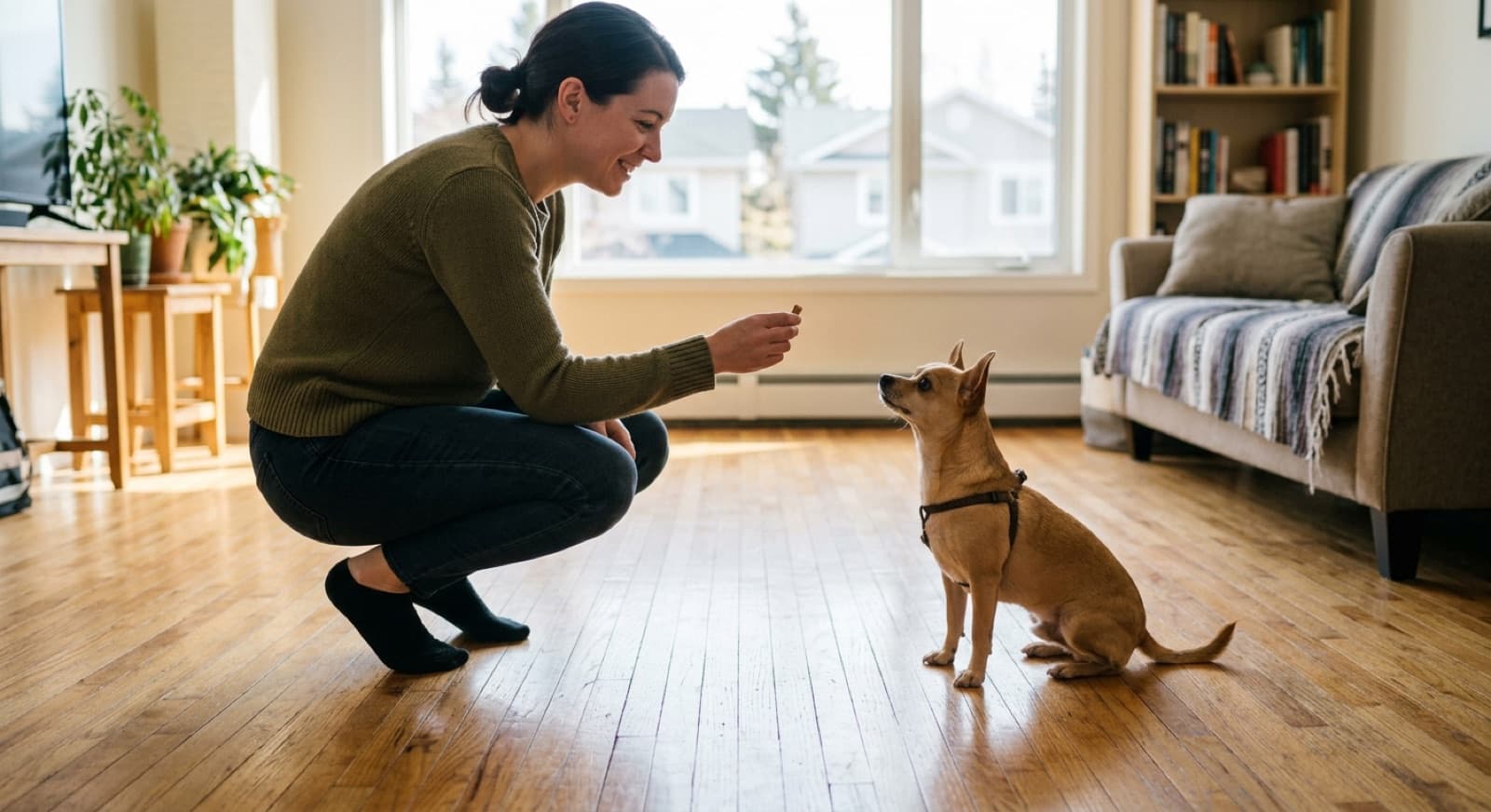 A small tan chihuahua in a harness sitting attentively on a hardwood floor, looking up at a person crouching a short distance away holding a treat
