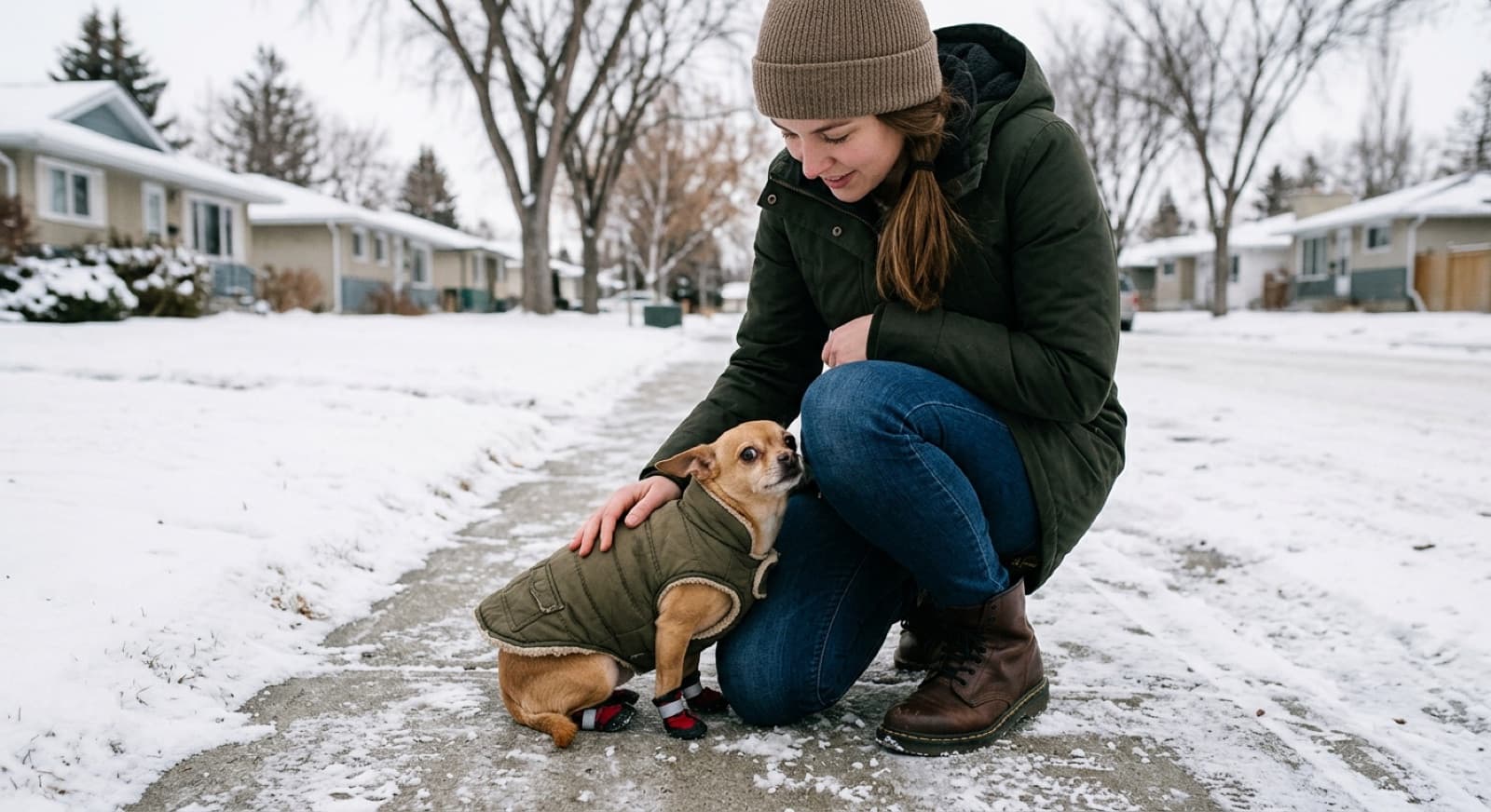 A small tan chihuahua in a winter coat and boots pressed against its owner's legs on a snowy residential street while the owner crouches to reassure it