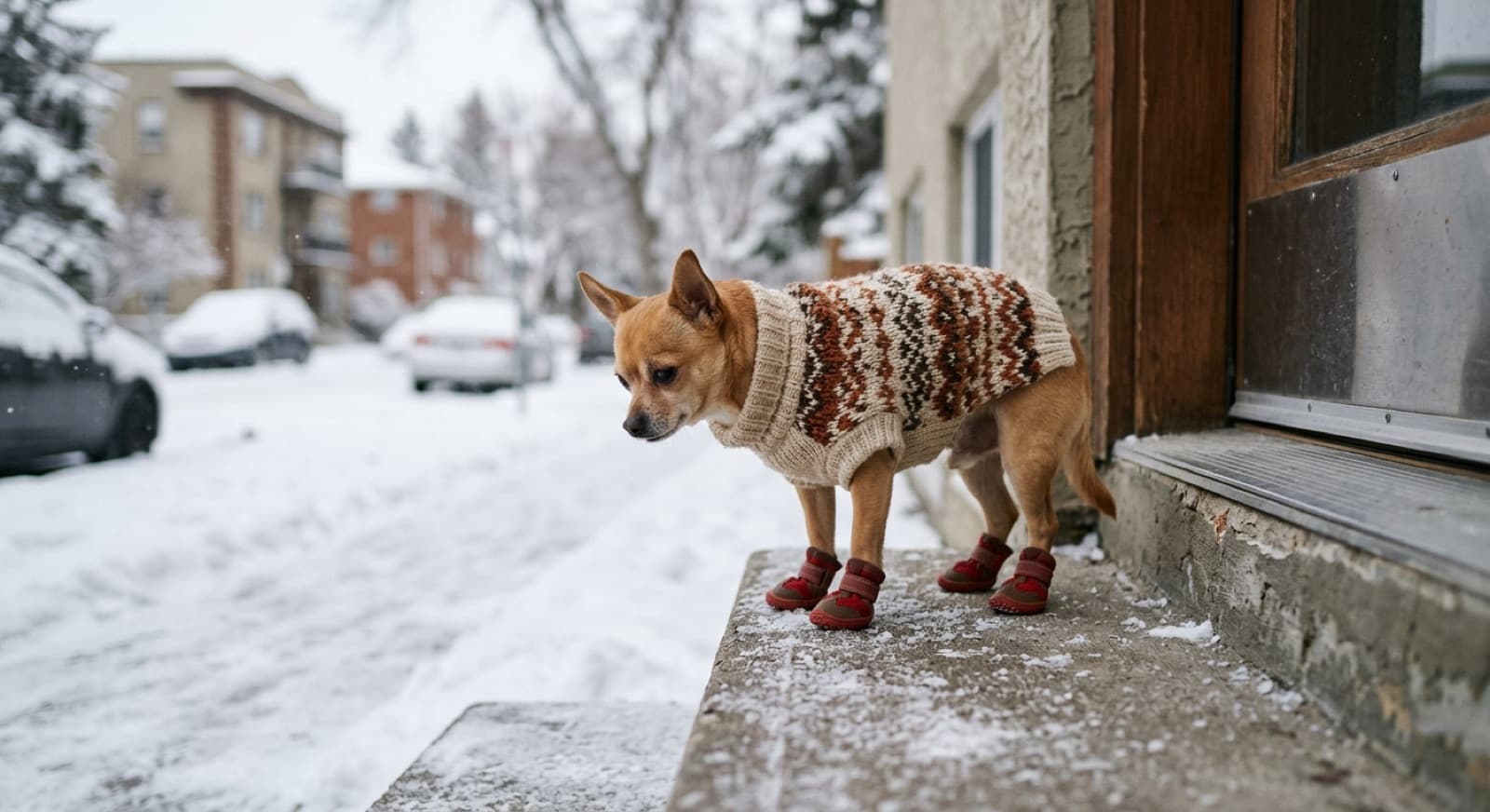 A small tan chihuahua in a knitted sweater and boots hesitating at the edge of a salted apartment doorstep on a snowy street