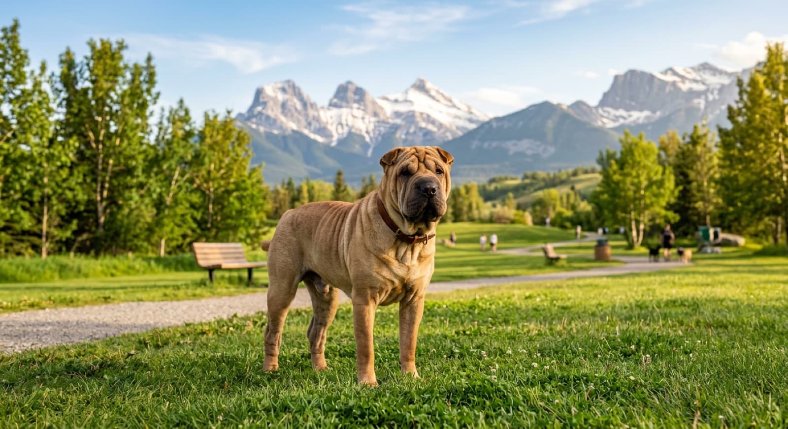 A wrinkled fawn Chinese Shar-Pei dog standing calmly in a green Calgary park, mountains in the distance