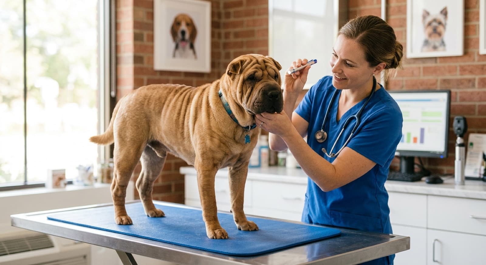A wrinkled Chinese Shar-Pei standing calmly for a veterinarian in a bright Calgary clinic