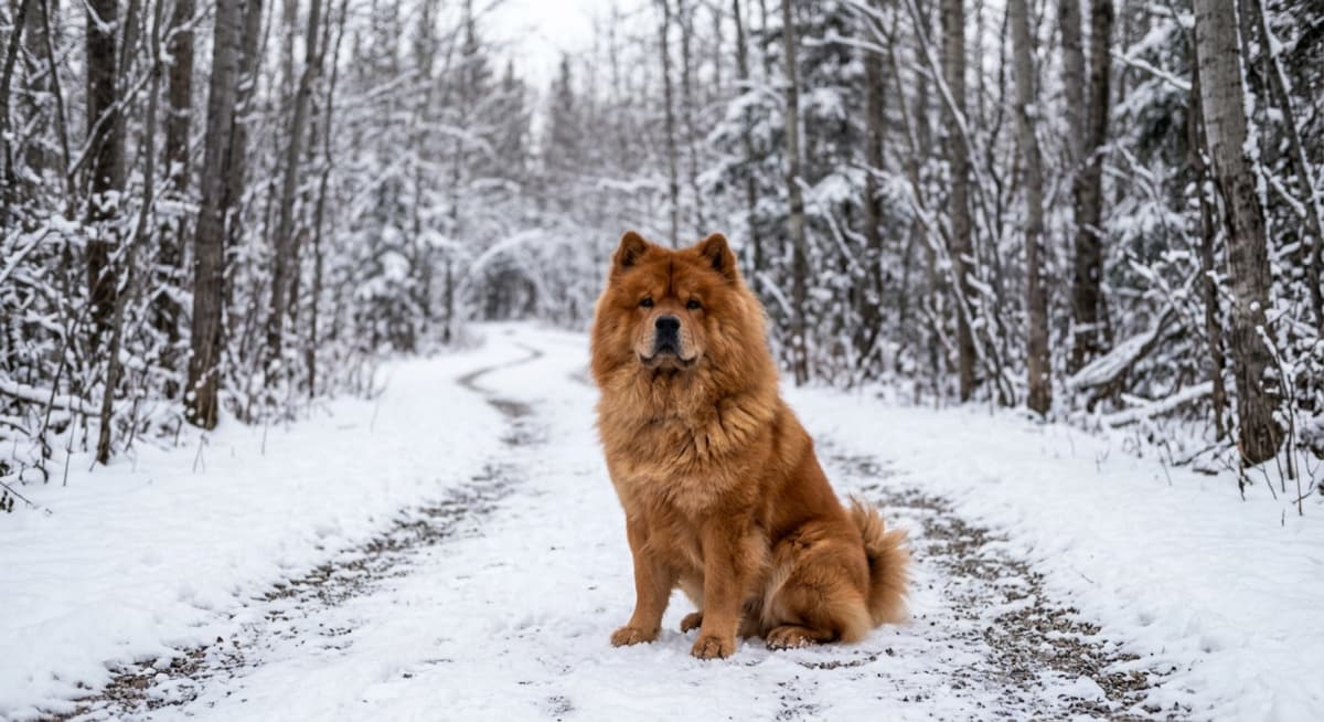 A rough-coated Chow Chow with a dense mane sitting calmly in a Calgary park on a cool autumn morning, lion-like profile visible