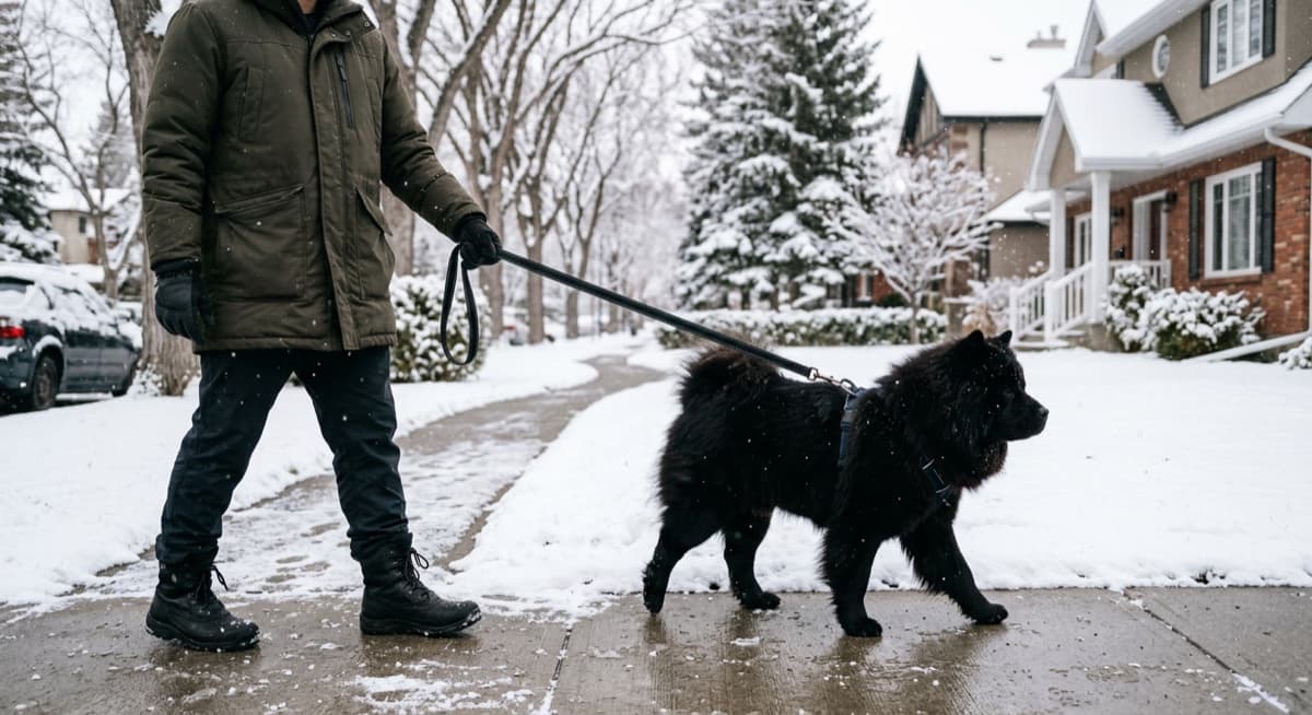 Chow Chow walking calmly on a snow-dusted Calgary path in winter, thick double coat visible, blue-black tongue briefly showing