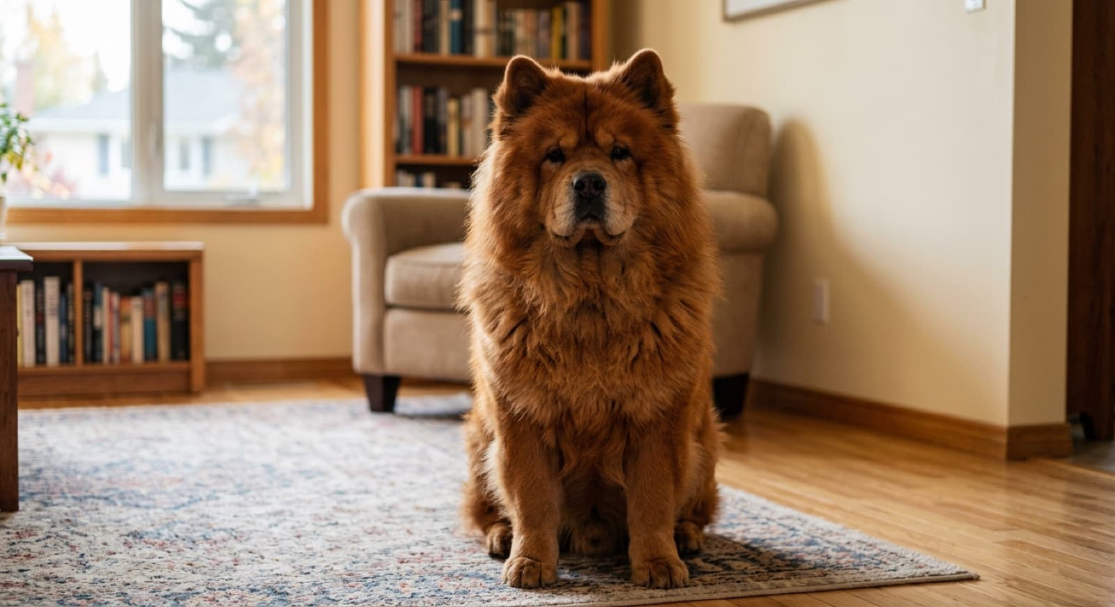 An adult Chow Chow with classic red lion-like mane sitting calmly on a hardwood floor in an Edmonton home interior, characteristic scowling expression