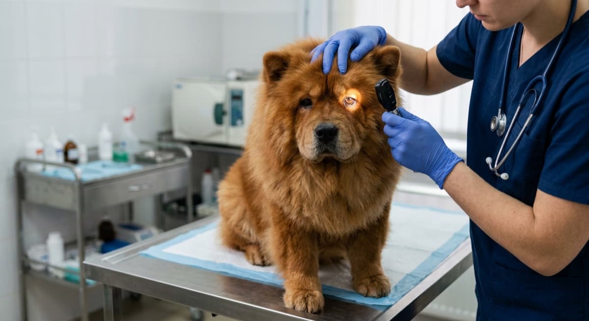 A red Chow Chow sitting calmly on the exam-room floor of a Calgary veterinary clinic, the vet kneeling to check the dog's eyes