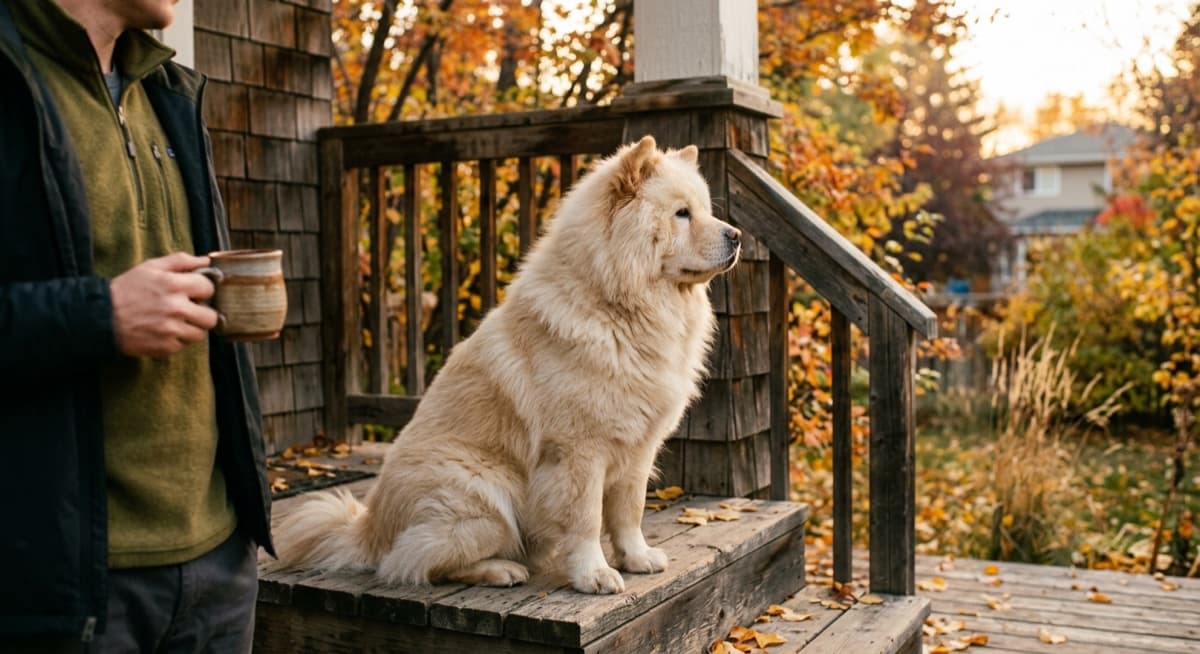 A red Chow Chow standing calmly in a Calgary backyard with snow on the ground, showing the breed's thick double coat, deep-set eyes, and aloof expression