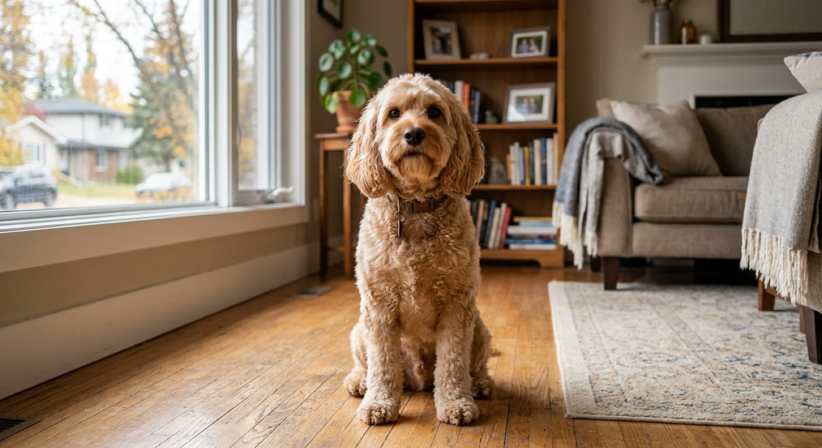An adult Cockapoo with classic wavy buff-coloured coat sitting alert on a hardwood floor in an Edmonton home interior, friendly expression with characteristic drop ears