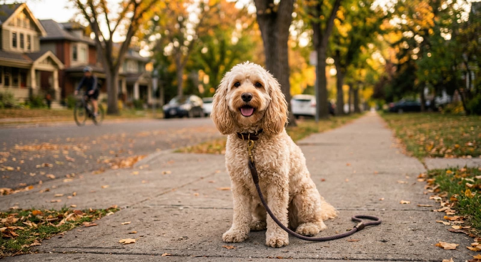 A buff-coloured Mini Cockapoo with a wavy coat sitting in tall prairie grass on a Calgary off-leash trail in late spring, mountains in the distance